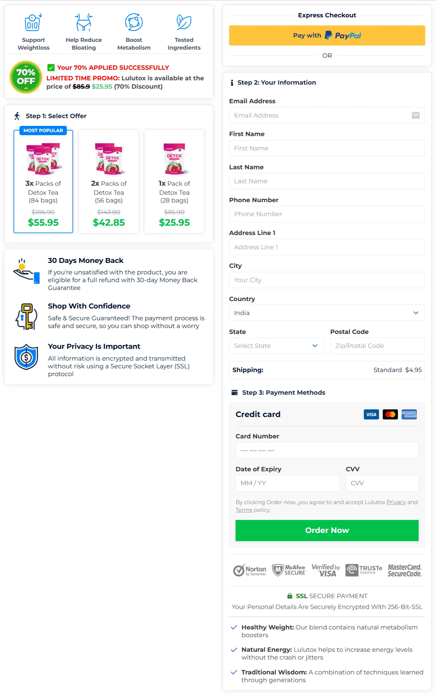 Lulutox Detox Tea checkout page